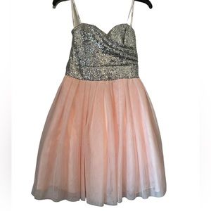 B Darlin Pale Peach And Silver Sequin Strapless Formal Dress